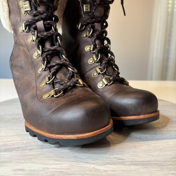 Sorel Conquest Wedge II Shearling Lace Up Boots Brown Leather Size 8 - Picture 5 of 12